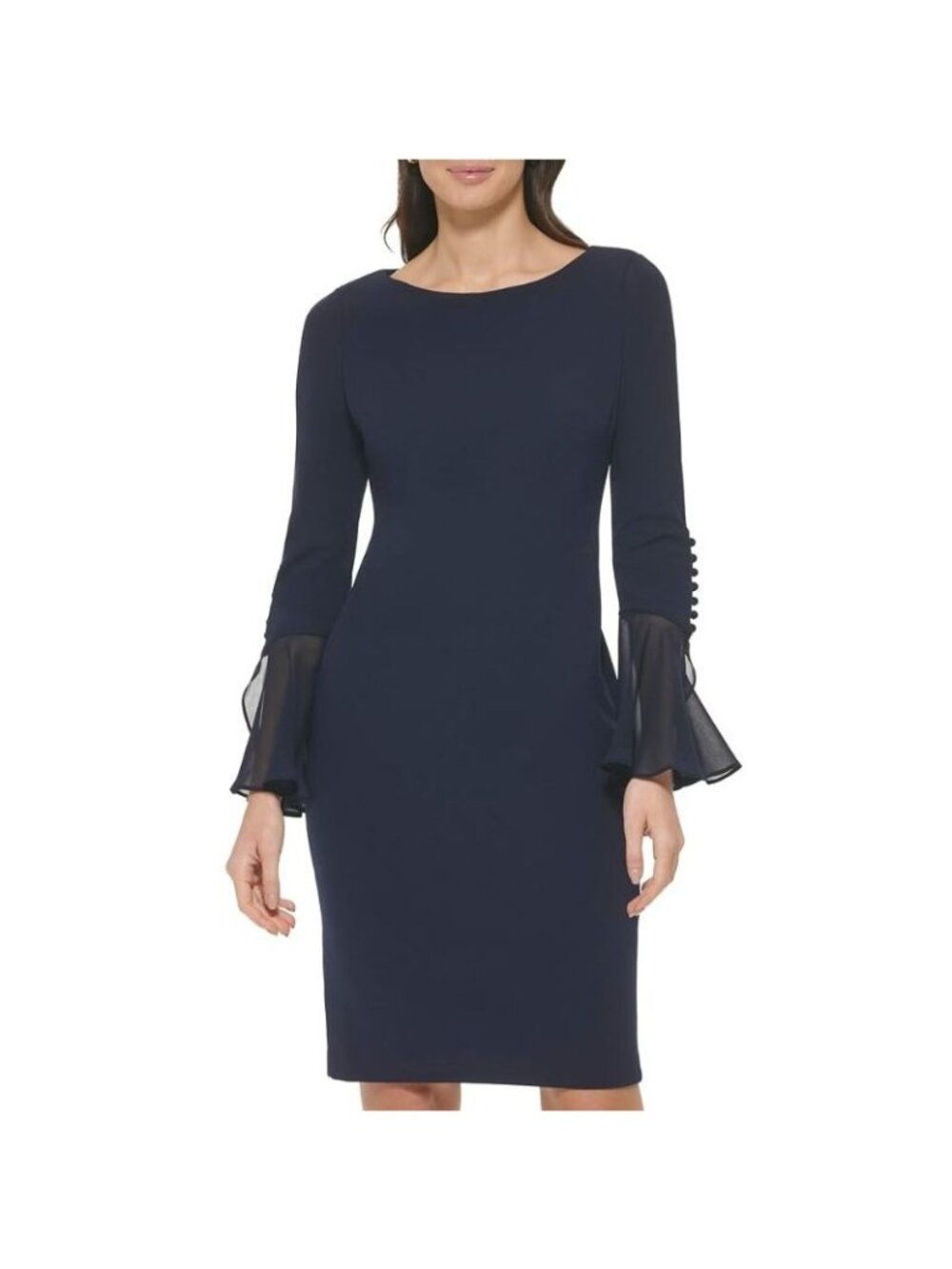 NWT Calvin Klein Womens Navy Scuba Crepe Chiffon Bell Sleeve Sheath Dress Size 4